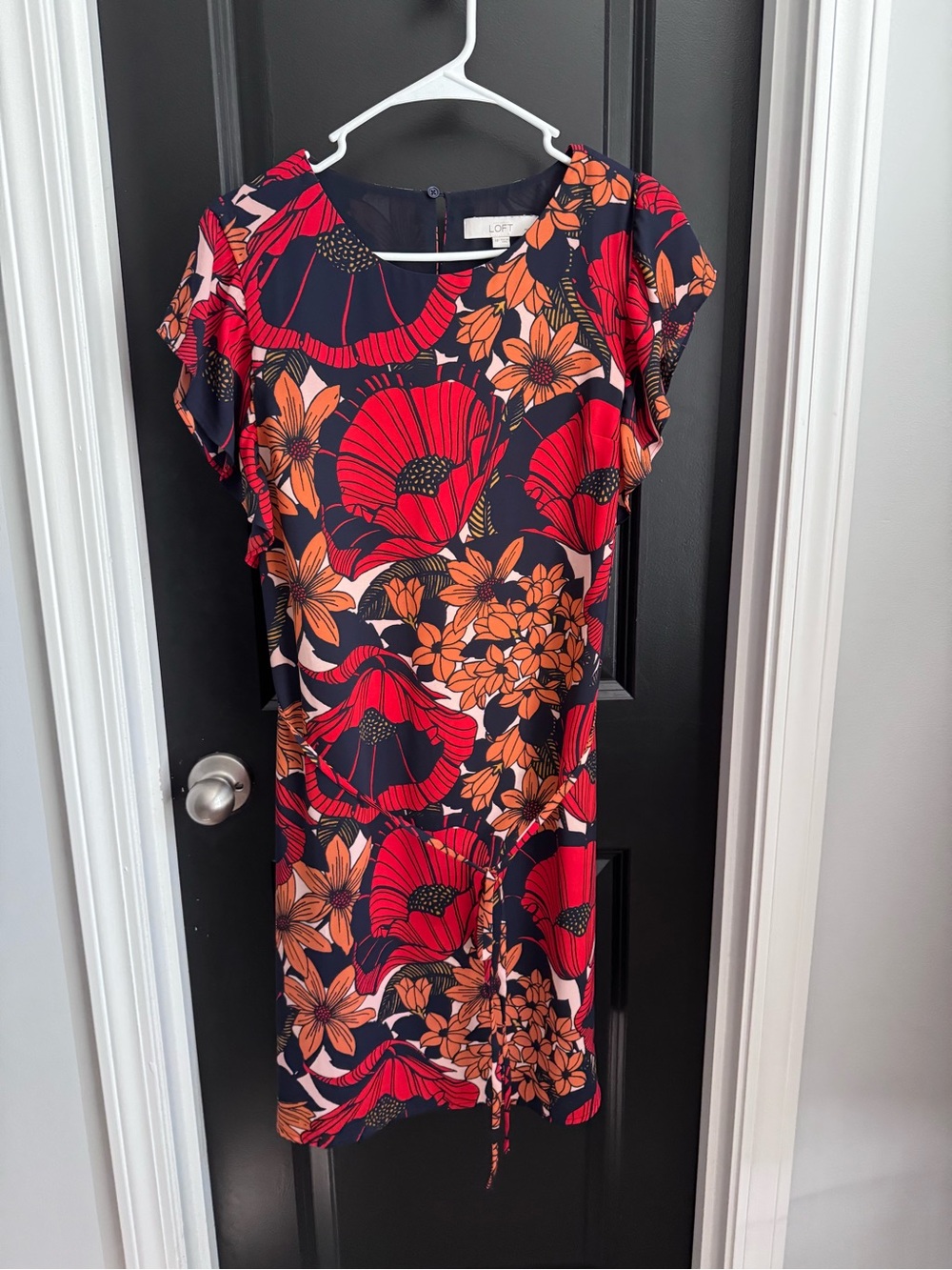 LOFT Navy Floral Sheath Dress with Red & Orange Blooms
